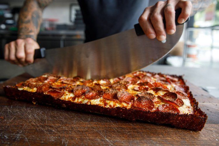 Detroit-style pizza fresh from the Joyride oven